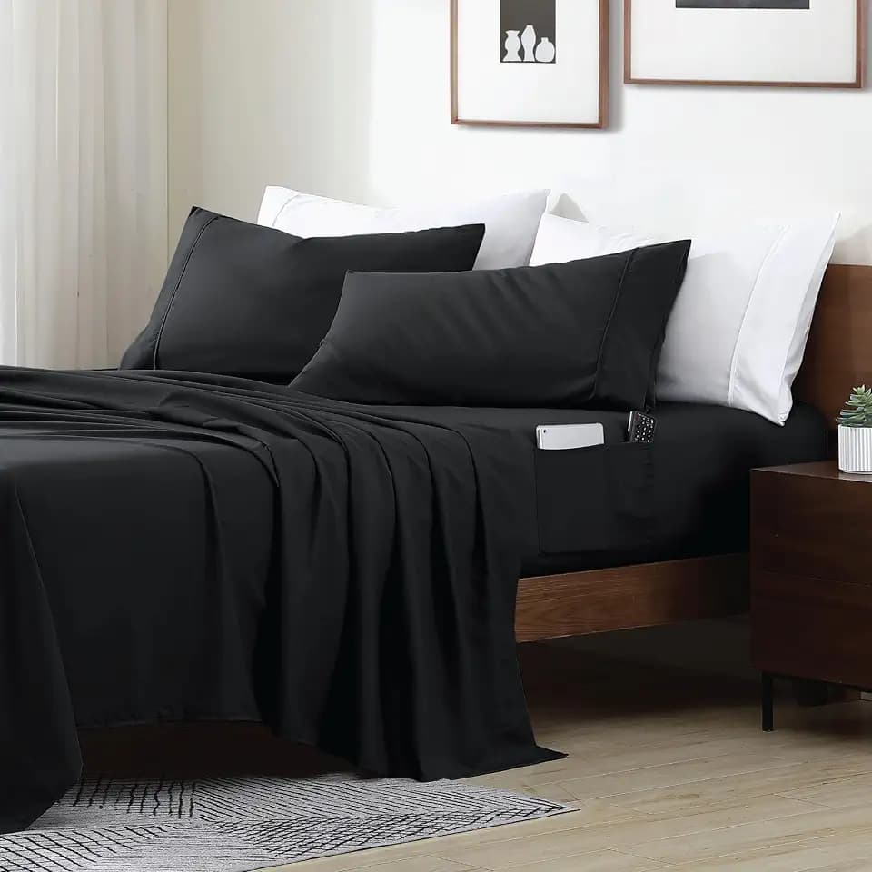 Swift Home Queen Bed Sheet Set with Double Side Pockets, Black