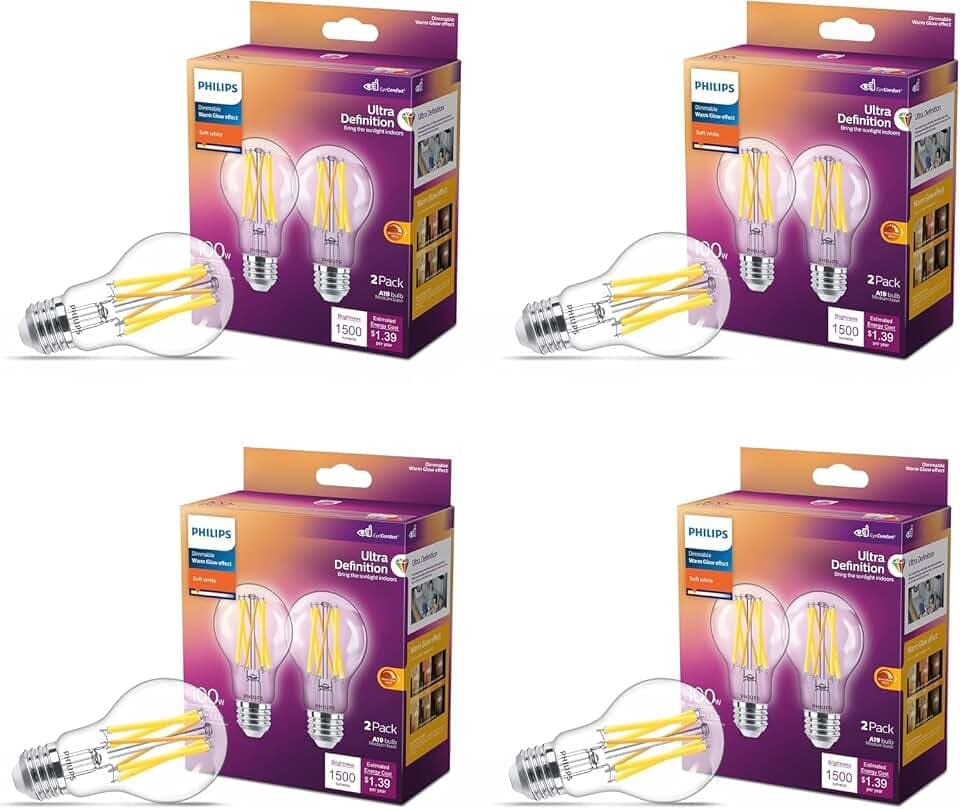 PHILIPS LED 100W A19 8-Pack Ultra Definition Soft White (2700K) 1500 Lumen (11.5W = 100W) Dimmable Clear Flicker-Free Light Bulbs