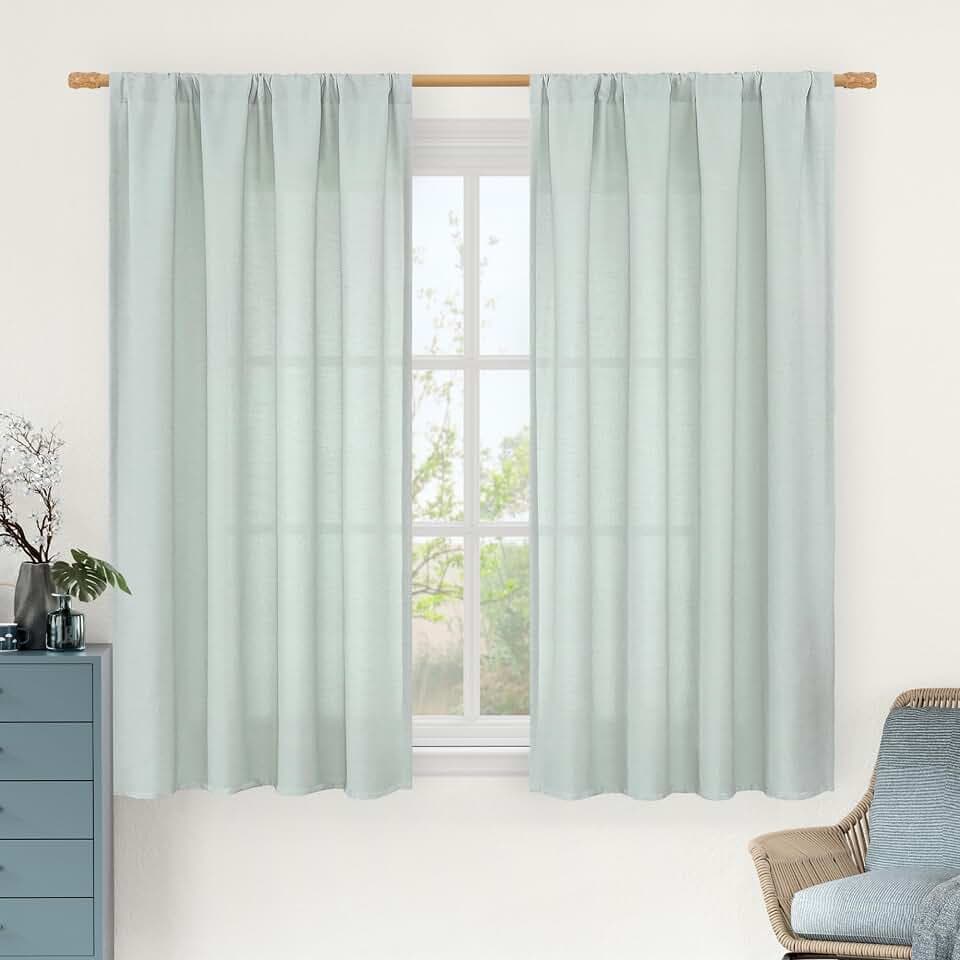 LAMIT 54 Inch Short Window Linen Curtains for Bedroom, Light Blue, 2 Panels