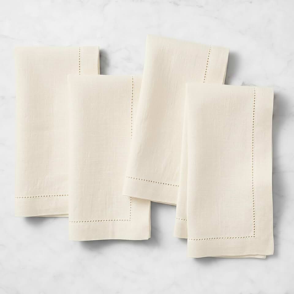 Solino Home 100% Linen Napkins Ivory, Birch Hemstitch 20 x 20 in, Set of 4