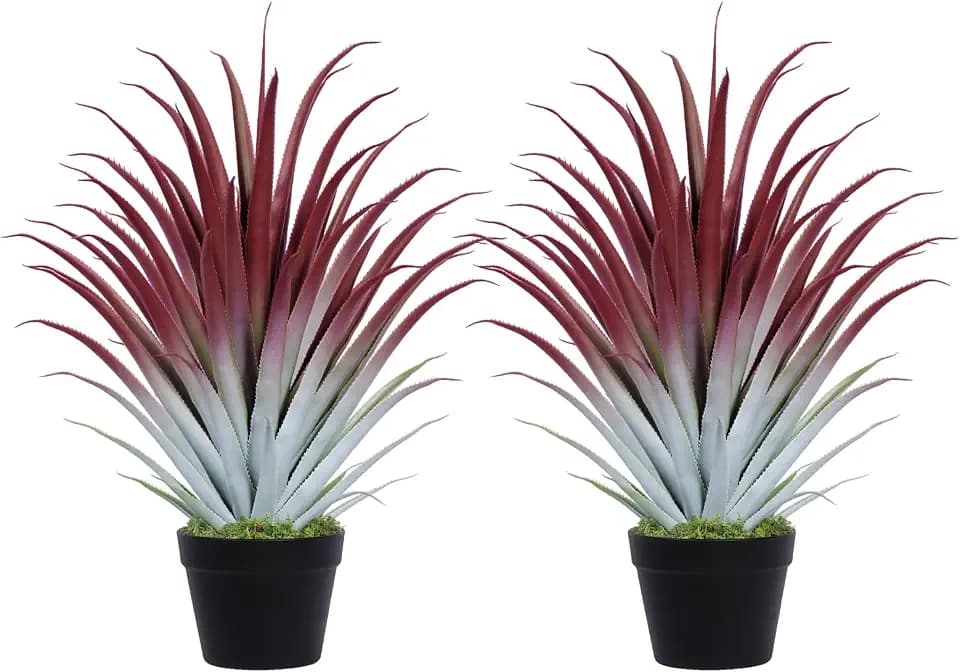 2ft Fake Spiked Agave Plant - Red Artificial Aloe Vera Plant 26 Inch - Tall Large Faux Floor Plants Perfect for Porch Door Step Home Office Patio Indoor Outdoor Decor (2 Pack)