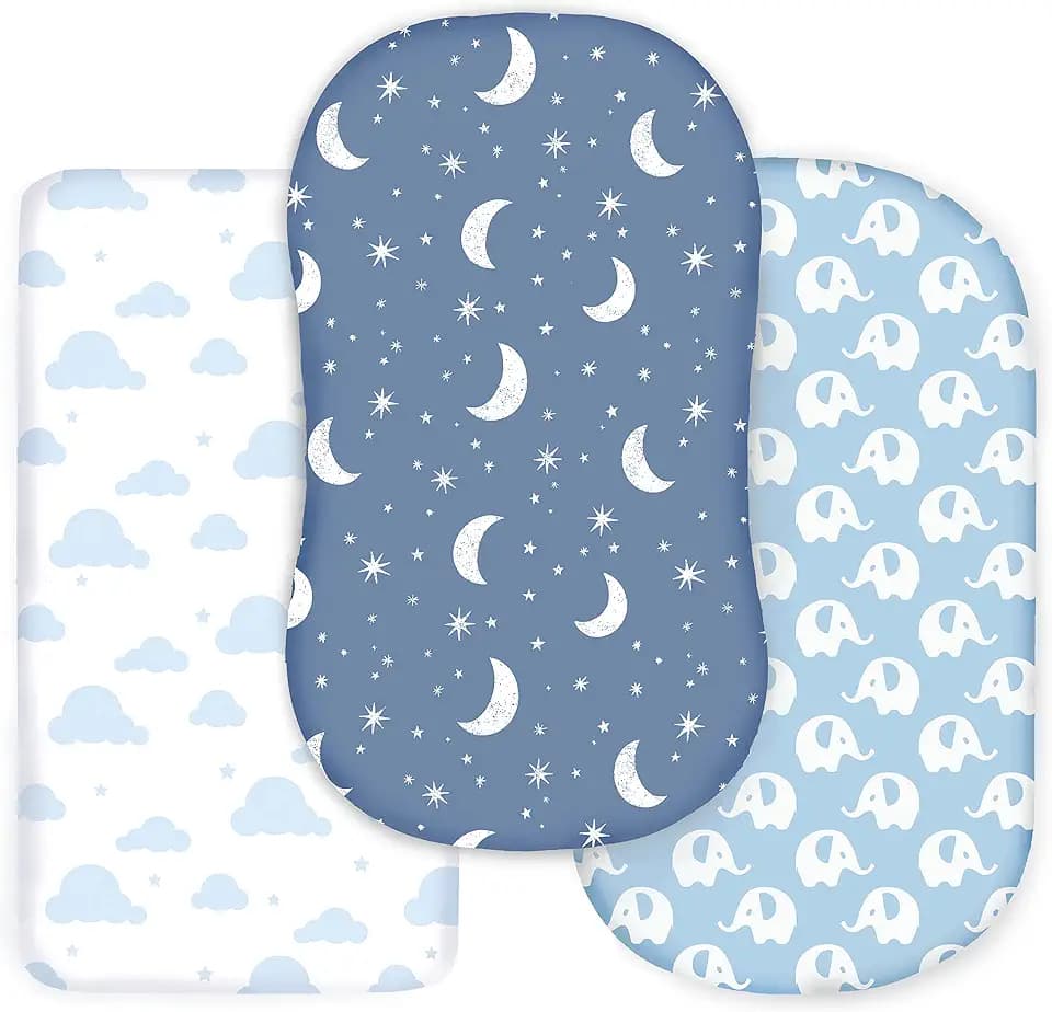 Cambria Baby 100% Organic Cotton Jersey Fitted Bassinet Sheets for Boy. 3 Pk Adapts to Oval, Hourglass & Rectangle Shaped Bassinet Pads. Fits Halo, Snoo, Graco, and Most other Standard Size Bassinets.