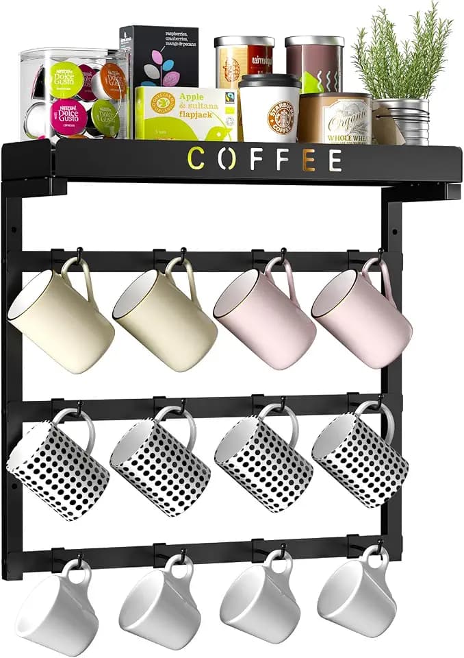 RCHYFEED Coffee Mug Holder Wall Mounted,Metal Mug Rack with 12 Movable Hook