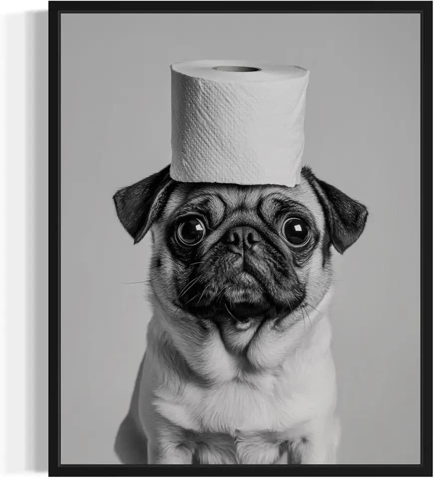 Pug Bathroom Black Framed Wall Art Print Poster, Dog Pet Restroom Toilet Paper Posters Prints Home Picture Painting Artwork Decor 134 (Pug, 14"L x 11"W, Black Frame)