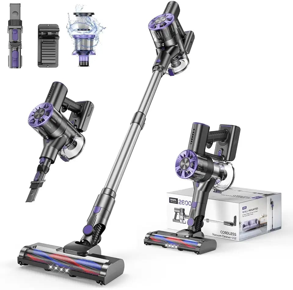 Comvtu Cordless Vacuum Cleaner Rechargeable with Detachable Battery, Powerful Vacuums with 2 Adjustable Modes, Lightweight Portable Stick Vacuum (Hibiscus)