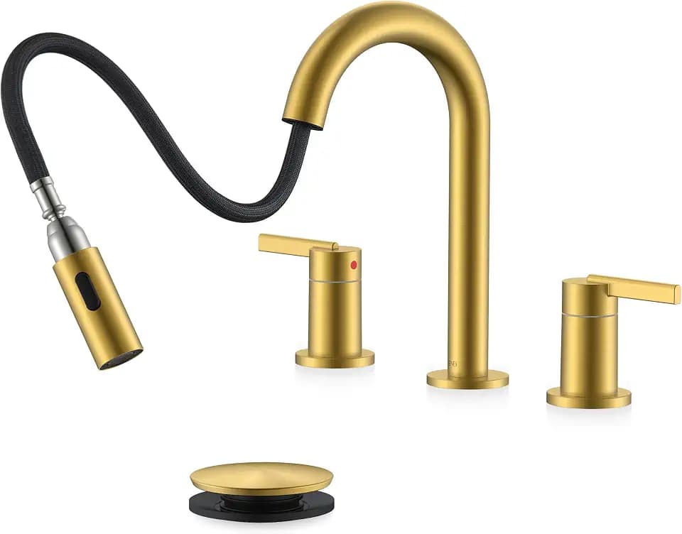 KENES Brushed Gold Pull Down Widespread Bathroom Faucet 2 Handle 3 Hole