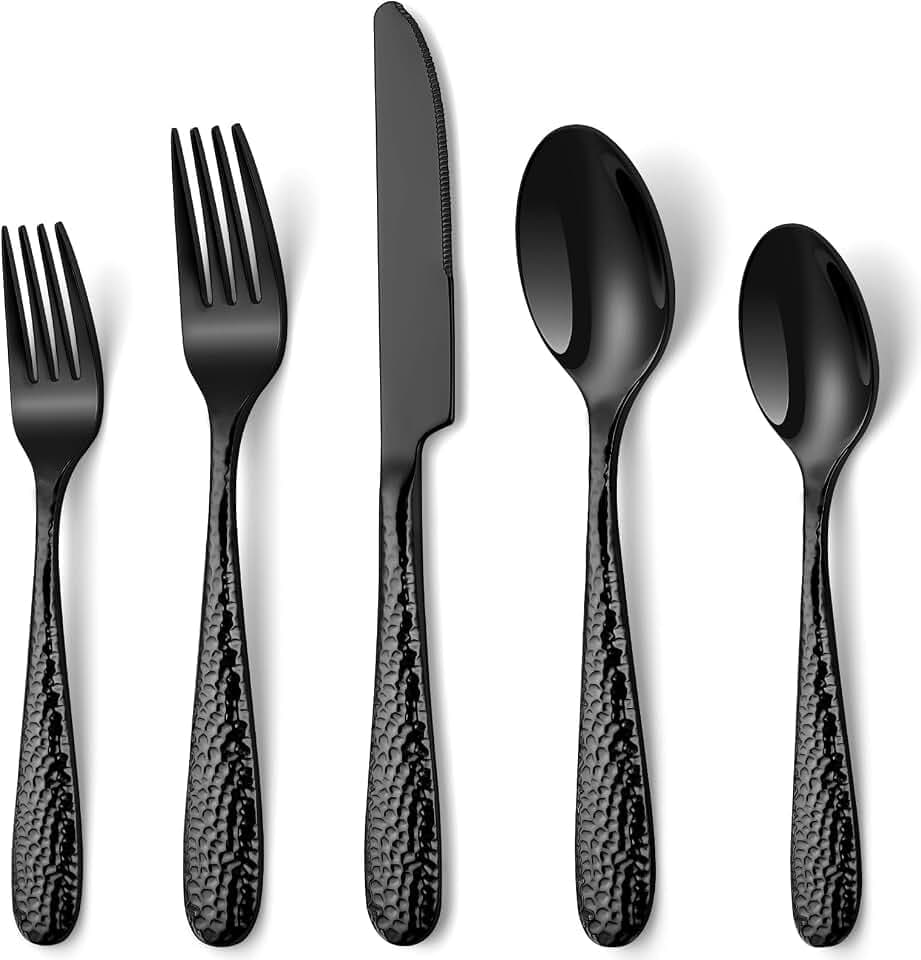 Hammered Black Silverware Set, EUIRIO 40-Piece Flatware Set for 8, Heavy Duty Stainless Steel Cutlery Set, Food-Grade Utensil Sets Includes Spoons Forks and Knives, Mirror Finish Dishwasher Safe