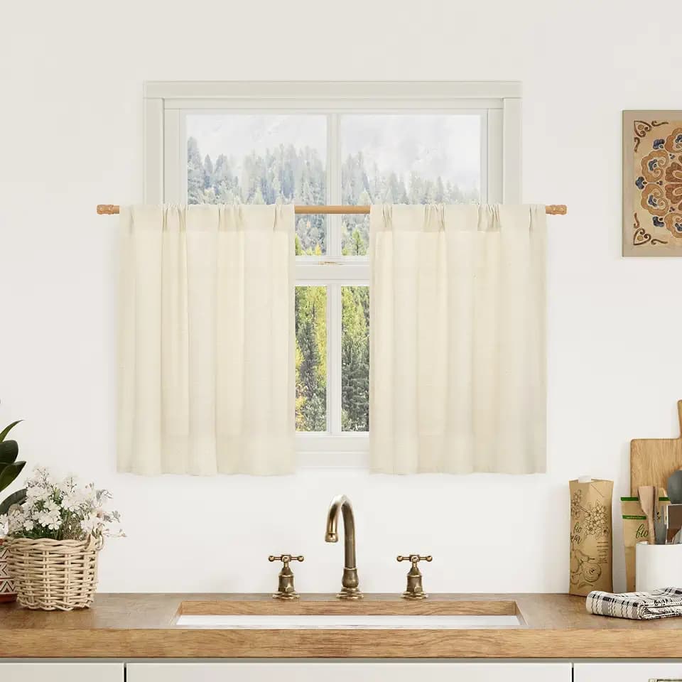 LAMIT Light Beige Linen Curtains 24 Inches Long for Small Windows 2 Panels