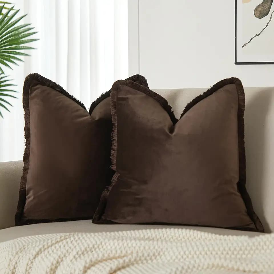 JUSPURBET Coffee Velvet Throw Pillow Covers 18x18 Inch Set of 2 with Soft Tassel Fringe Luxury Boho Pillowcase for Sofa Couch Bed Home Decor Machine Washable