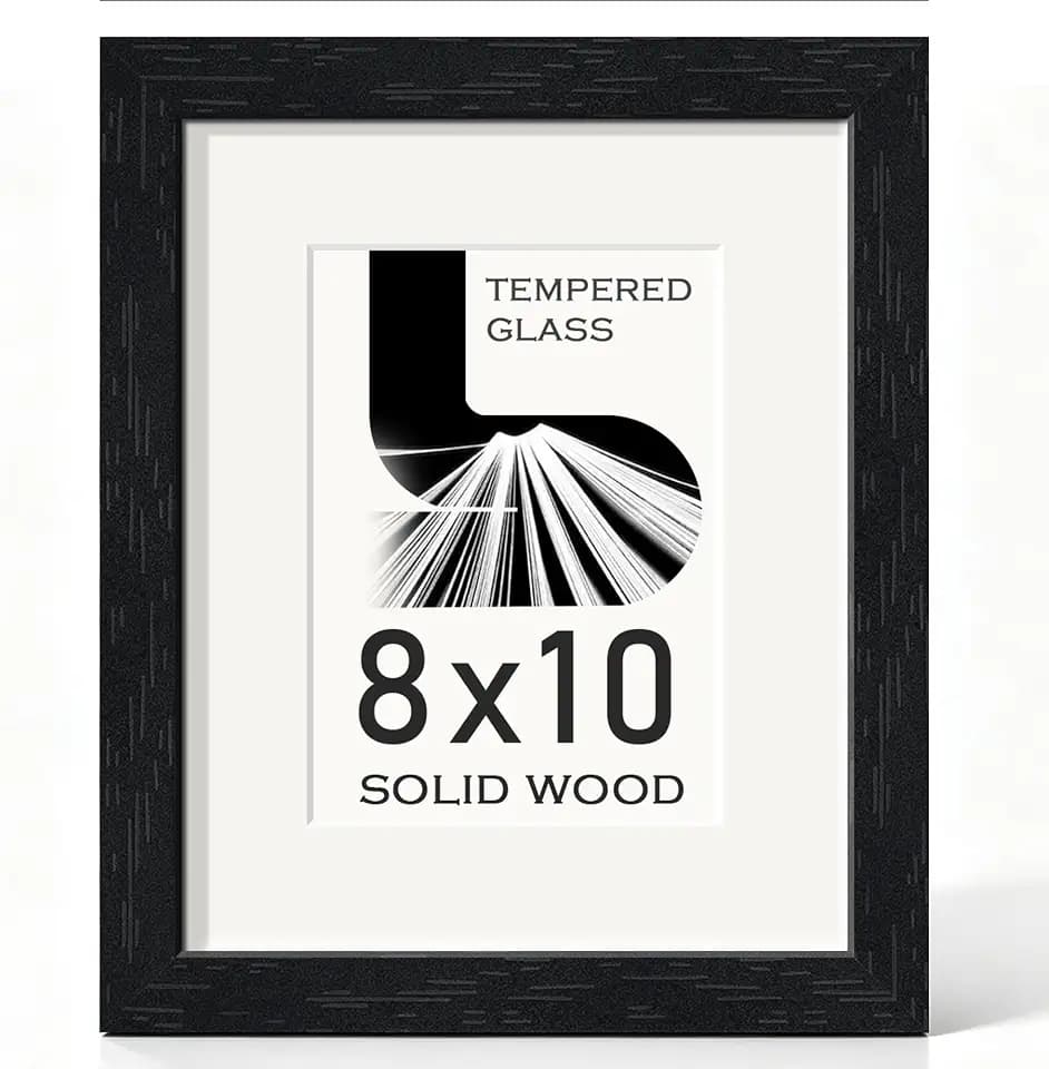 Picrit 8x10 Black Solid Wood Picture Frame, Tabletop Wall Tempered Glass