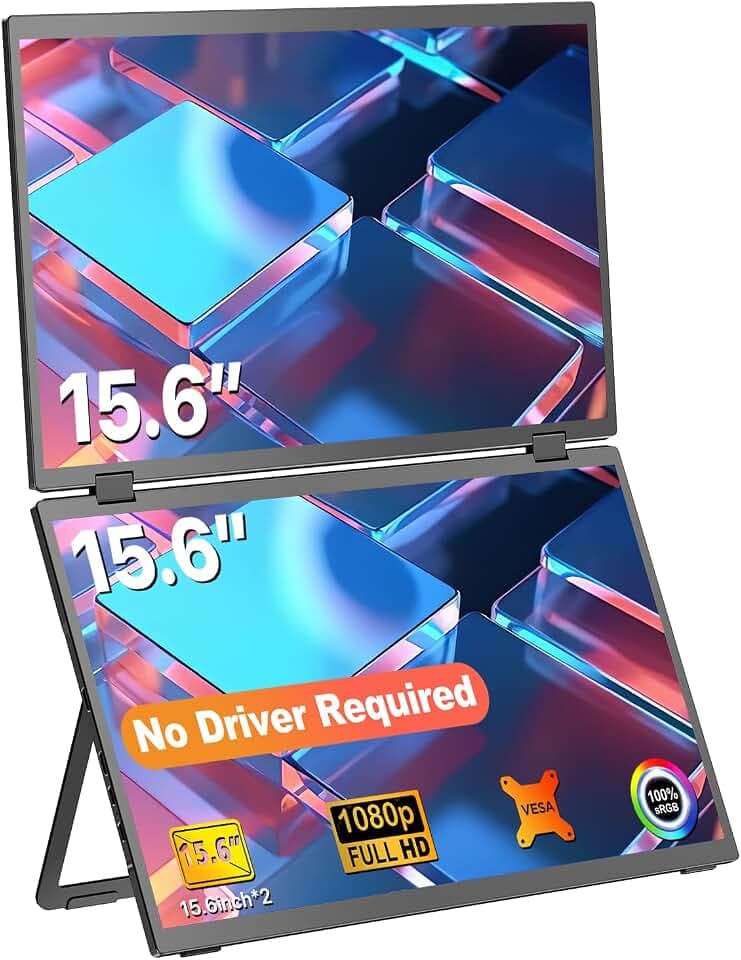 EVICIV Dual Portable Monitor 15.6'' Tragbarer Laptop Screen Extender Plug & Play 1080P, 360° Folding Stacked Triple Monitor, VESA Support (No Driver Needed)