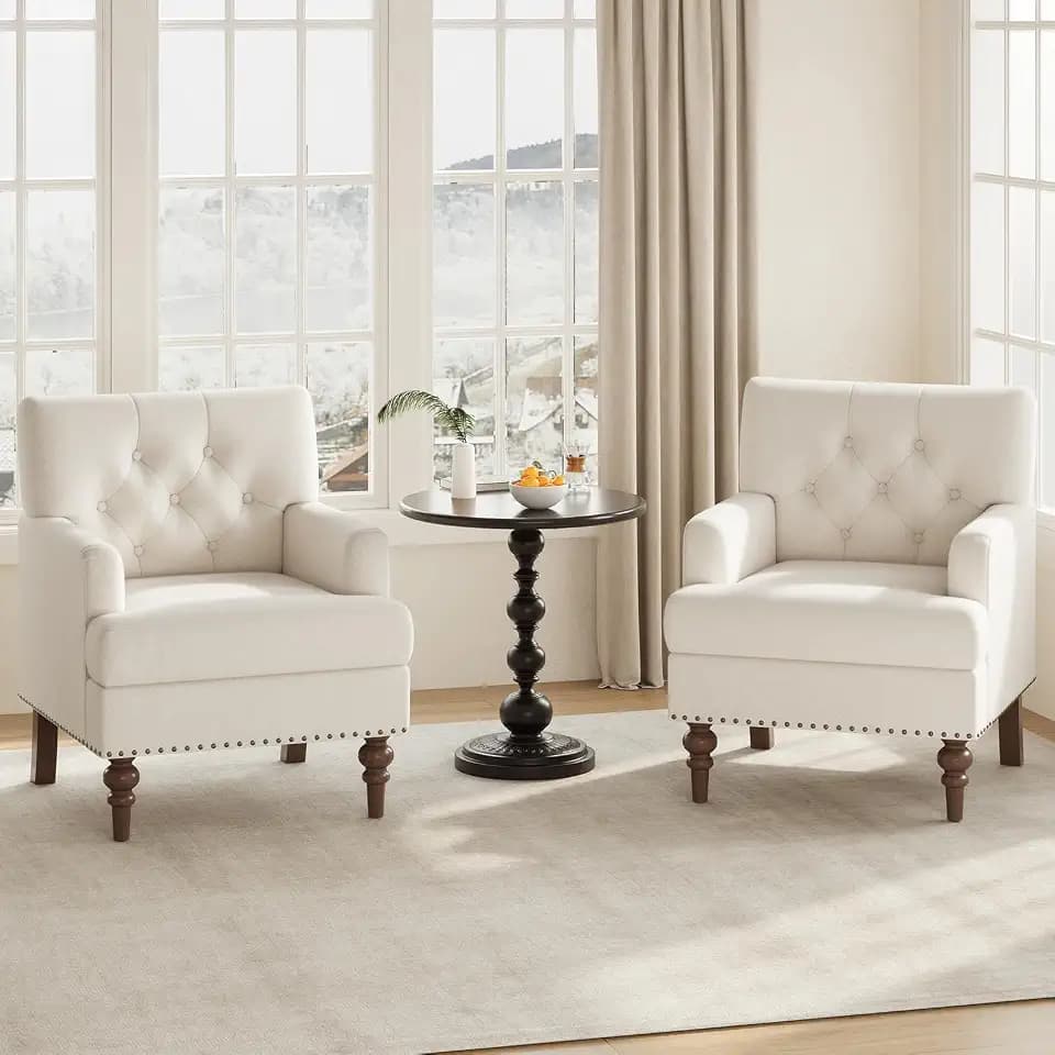 MALOL Upholstered Accent Chair Set of 2, Comfy Reading Chair for Living Room, Mid Century Modern Armchair with Thick Cushion & Solid Rubberwood Legs, for Bedroom/Small Spaces, Beige