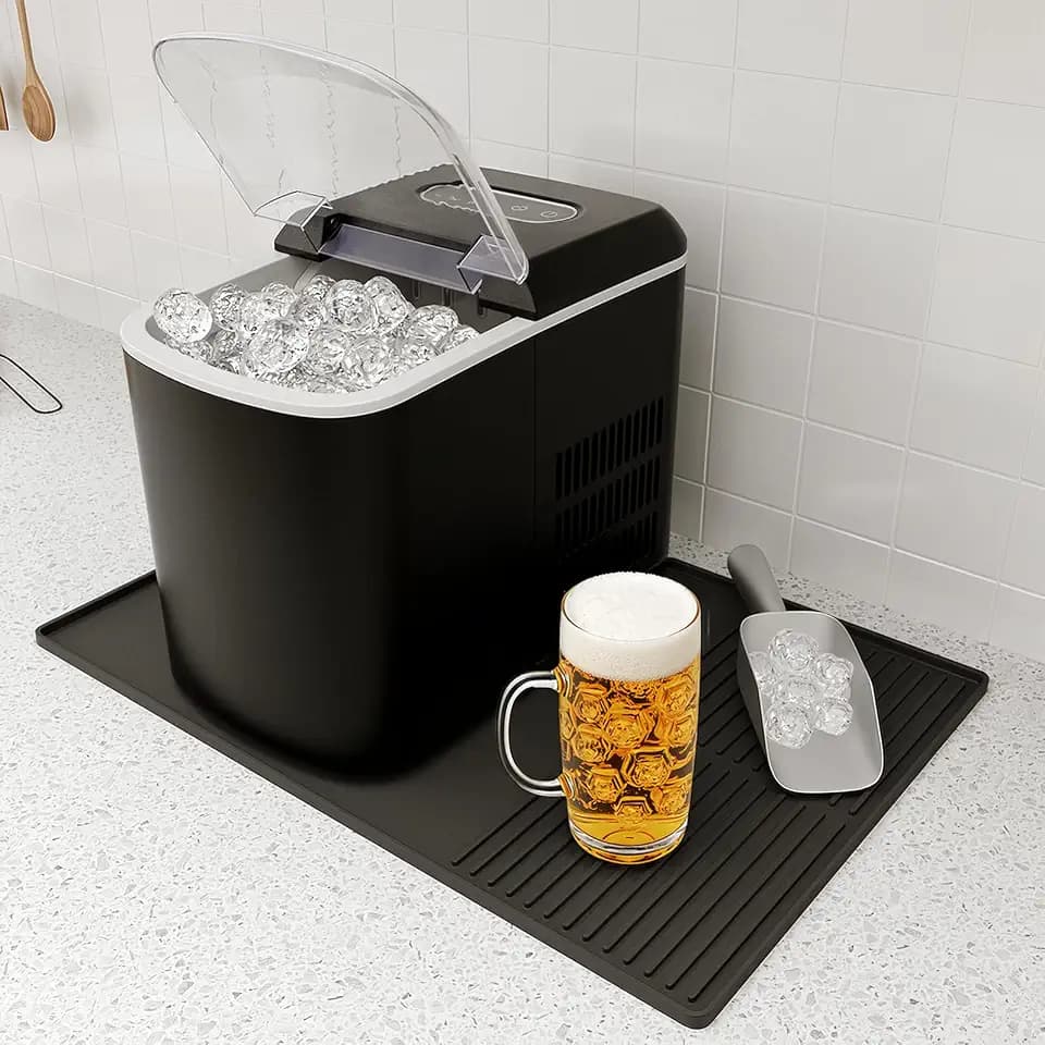 Ice Maker Countertop Mat with Raised Edges, 24'' x 16'', Silicone Mat for Ice Machines, Water Dispenser, Coffee Maker, Dish Drying Mat, Zone-Divided Design, Easy to Clean.