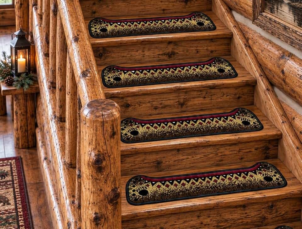 Mayberry Rug Rustic Ranch Brown Canoe Non Skid Lodge Stair Tread 9"x30" - 14 Piece Set with Landing Rug