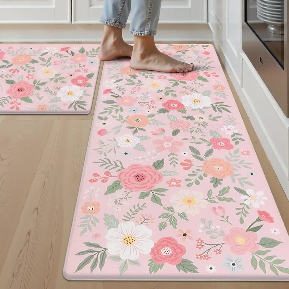 SHACOS Floral Pink Kitchen Rugs Set of 2, 17x27.5+17x47