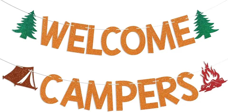 Welcome Campers Banner - Camping Theme Birthday Bachelorette Party Decor, Family Camp Day Party Decor, Forest Adventure Baby Shower Decorations Orange Glitter