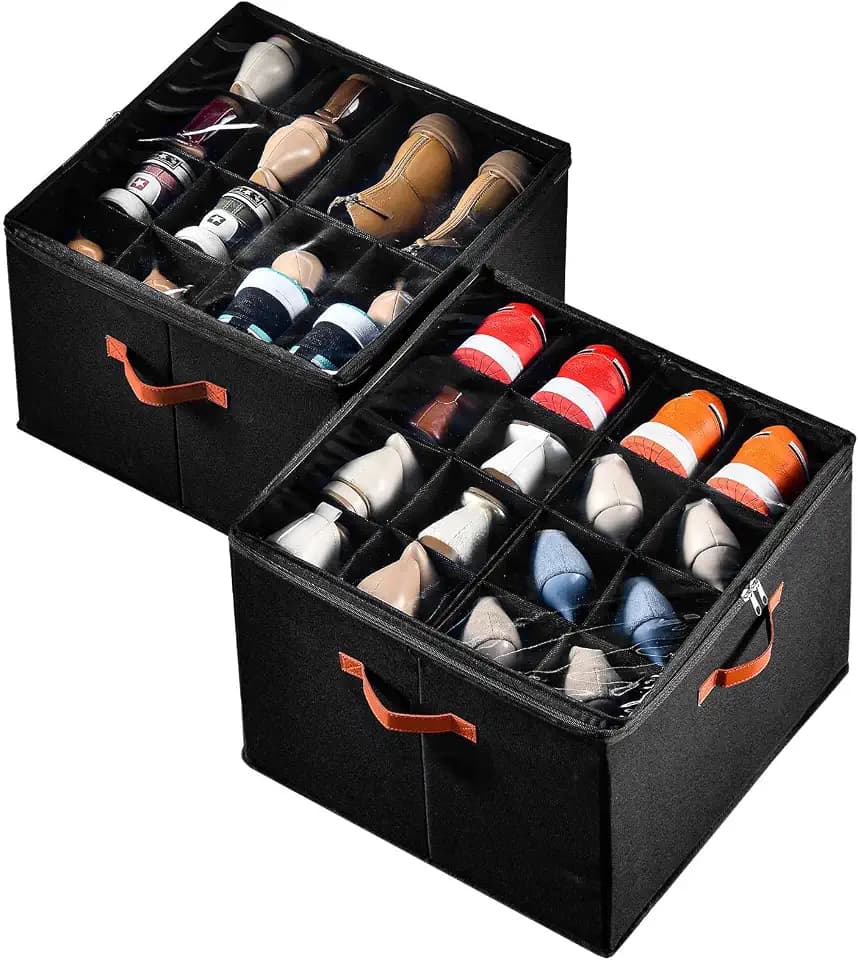 INSTY 2 Pack Shoe Organizer for Closet, Fits up to 32 Pairs, Adjustable Dividers for Shoe Storage, Fabric Shoe Storage Bins with Clear Cover, Black