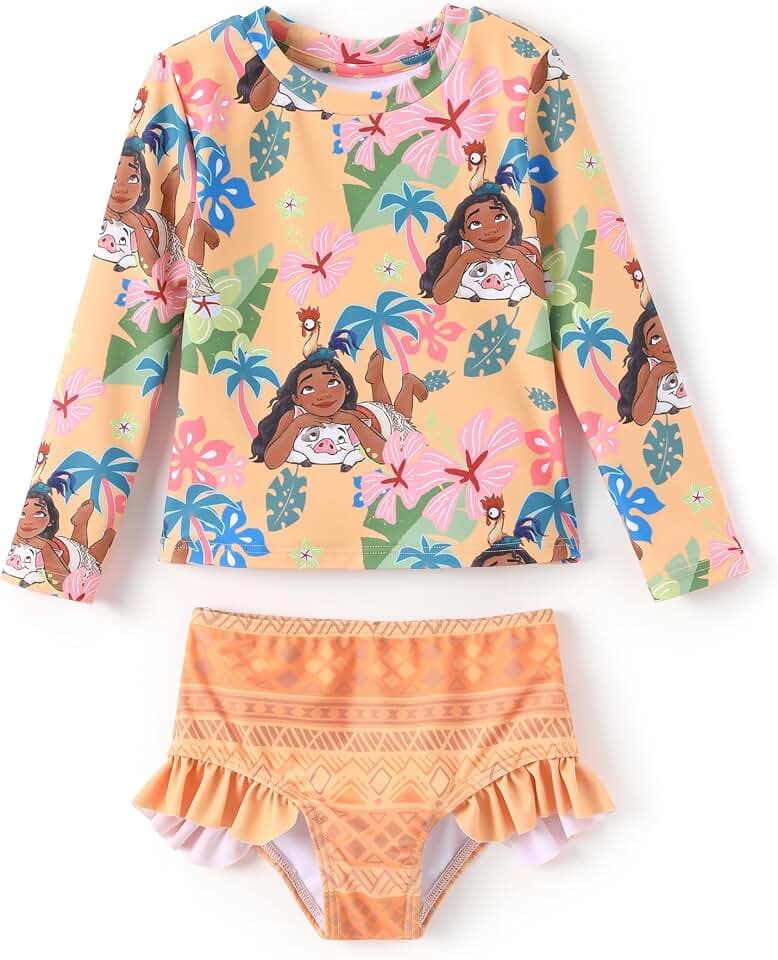 Disney Frozen Elsa Stitch Marvel Toddler Girl Two Piece Long Sleeve UPF50+ Swimsuit Rashguard Sets Bathing Suit