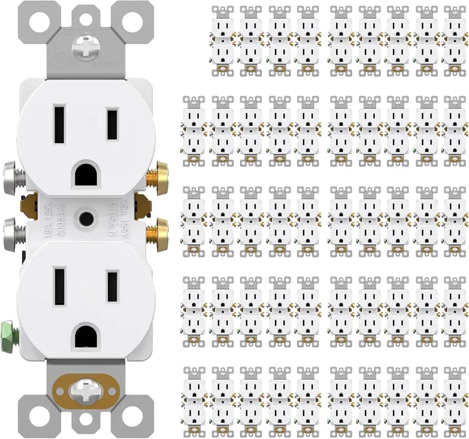 AIDA Residential Duplex Outlet, 15A 125V Electrical Receptacle, Self-Grounding Wall Outlet, Contractor Grade, UL Listed, White, 50 Pack