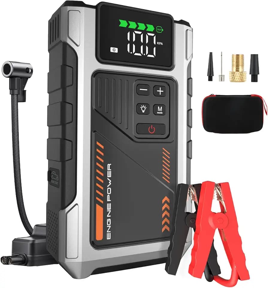 Starthilfe Powerbank mit 150 PSI Kompressor, 6000A Booster Auto Starthilfe (Bis zu 9.0L Benzin/7.5L Diesel), 12V Jump Starter mit LCD Display, LED Taschenlampe, Silber