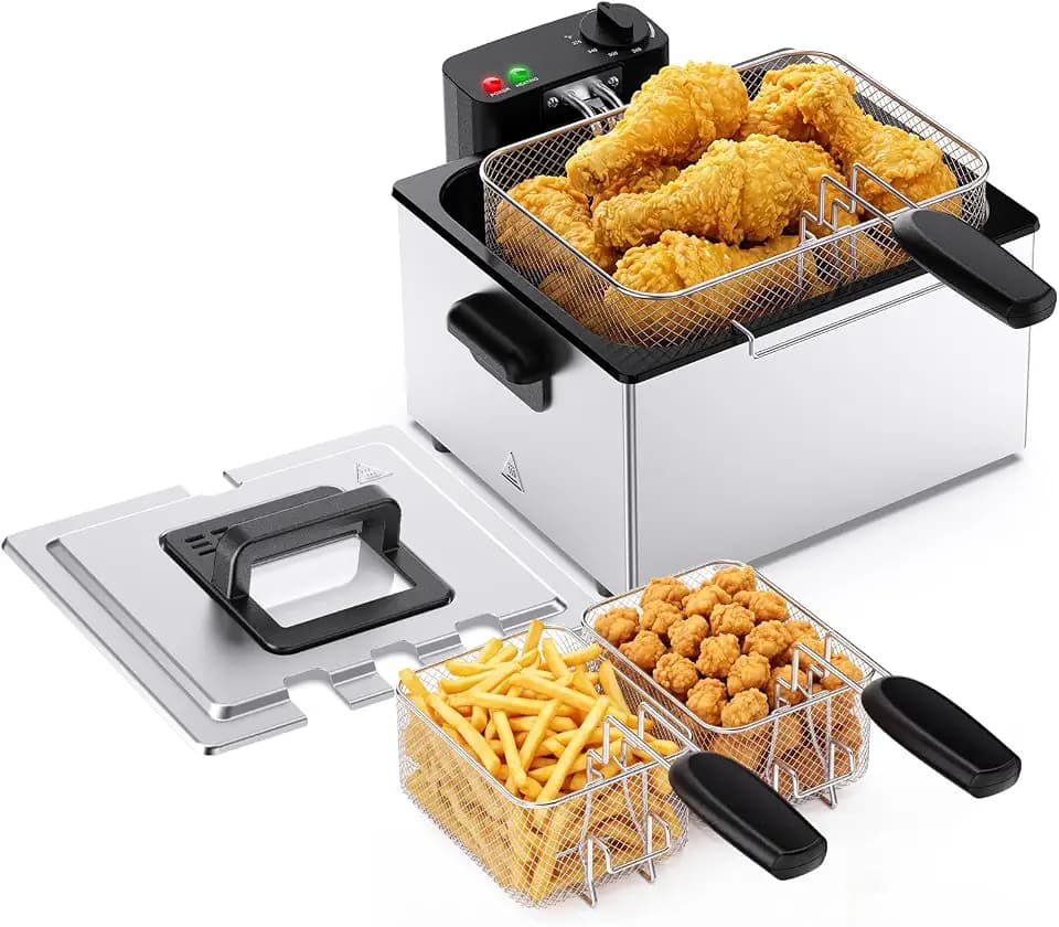 NEWBULIG Deep Fryer with Basket, 5 Liter Electric Deep Fryer with 1800W Power, Adjustable Temperature, Lid with Viewing Window for Fried Chicken, Shrimp, French Fries, Silver