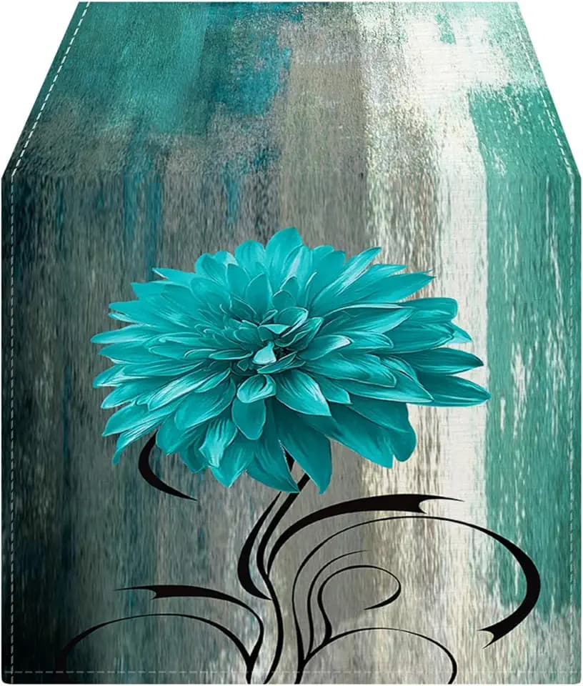 OYIMUA Soft Thick Chenille Teal and Grey Table Runner 72 Inches Long Vintage Abstract Painting Flowers Spring Summer Rustic Dining Table Decorations for Home Indoor Outdoor