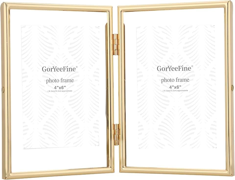 Gold 5x7 Double Floating Frame for Photo Sizes(3.5x5'',4x6''),Classy Metal Rounded Edge Frame Adjustable Tabletop/Shelf Photo Frame,for Wedding,Christmas,Birthady,Home or Office Decor.