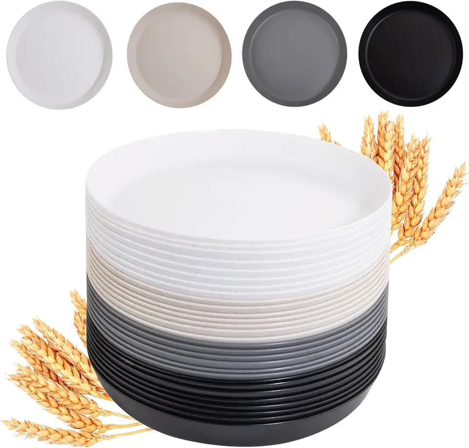 ejonirinjonir EI 16pcs Wheat Straw Dinner Plates Set,Unbreakable Plastic Plates,Reusable Lightwight Plastic Plate,Party Plate for Halloween,Family Dinners, Picnics, School-Black,White,Dark Grey,Beige