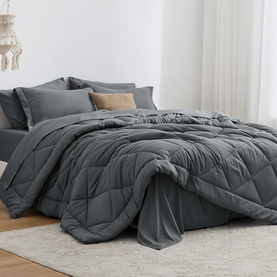 Love's cabin Twin XL Comforter Set Dark Grey, 5 Pieces Twin XL Bed in a Bag, All Season Bedding Sets with 1 Comforter, 1 Flat Sheet, 1 Fitted Sheet, 1 Pillowcase and 1 Pillow Sham