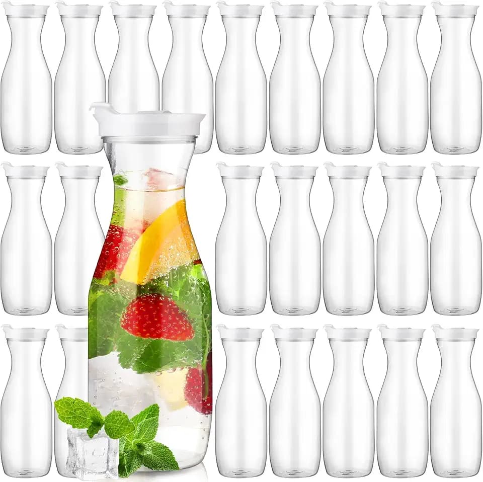 Gejoy 24 Pcs Plastic Water Carafe with Lid 32 Oz Clear,White Cap