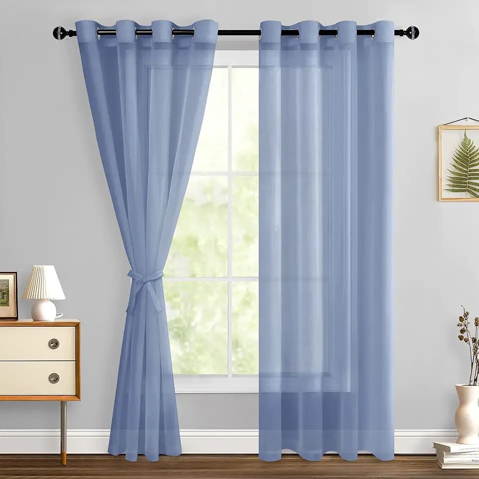Hiasan Dusty Blue Sheer Curtains with Tiebacks, W52 x L84, 2 Panels