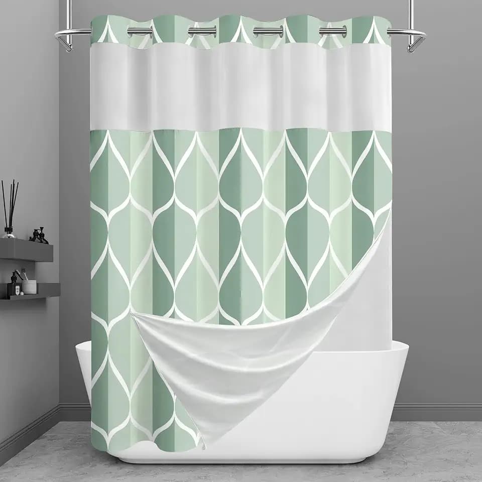 Gelbchu Dark Green Ringless Shower Curtain with Snap-in Liner, 71 x 74 Inch