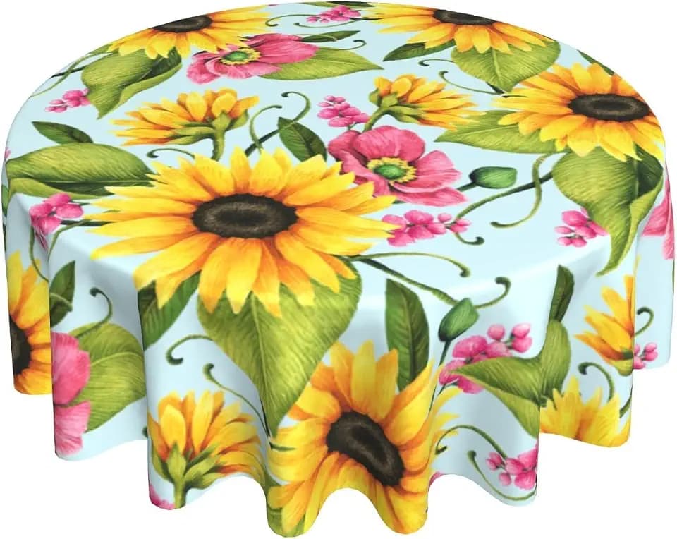 Spring Summer Tablecloth 60 Inch Round Sunflower Table Cloth Water-Resistant Spill-Proof Washable Fabric Table Cover for Kitchen Dining Party Picnic Indoor Outdoor