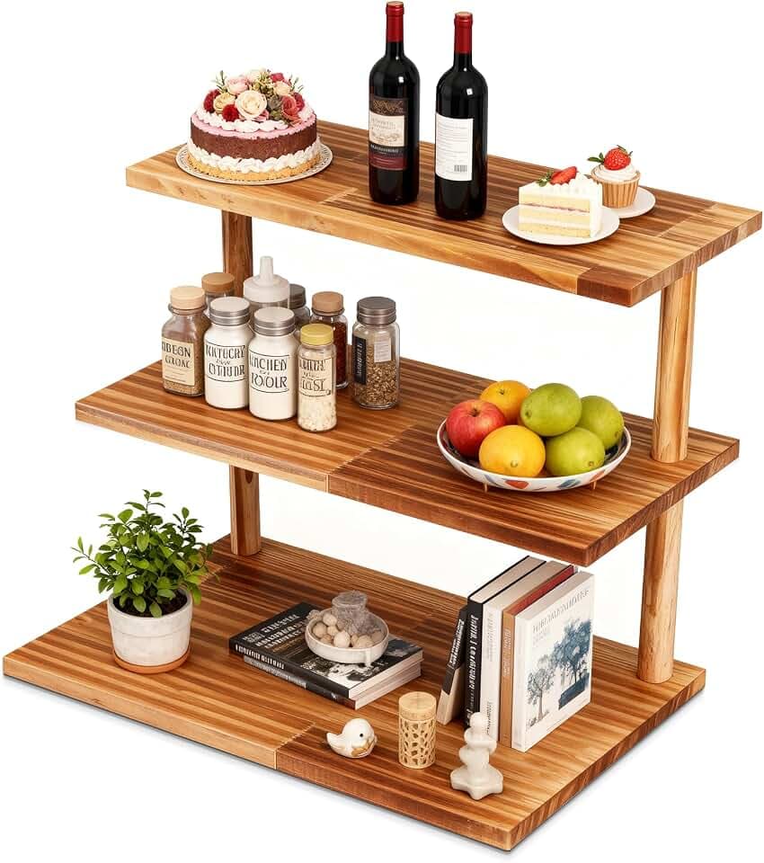 Countertop Coffee Station Organizer, 3 Tier Wooden Shelf for Coffee Bar Accessories, Condiment Storage Caddy for Kitchen, Display Rack for Cupcake Tea Cups Kitchen Office.