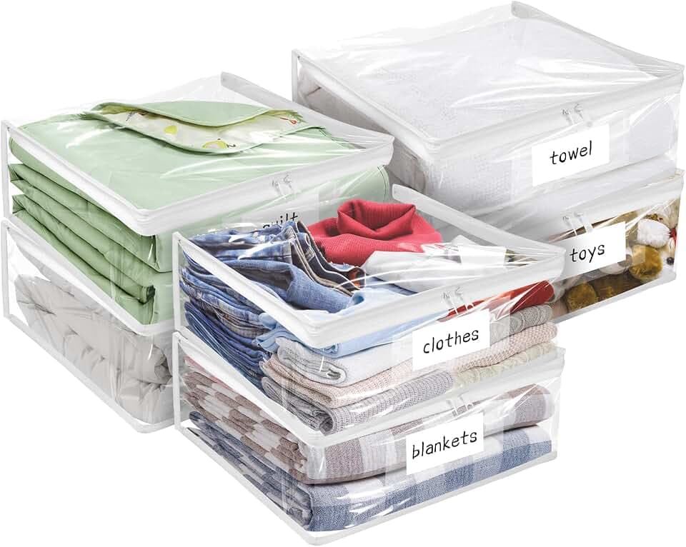 Plastic Storage Bags with Easy-Glide Zipper, Pack of 6, Durable Clear Vinyl Zippered Storage Bags for Clothes Sweaters Comforters Blankets Sheets Bedding (15.7 x 13.8 x 3.9 Inch, Transparent White)