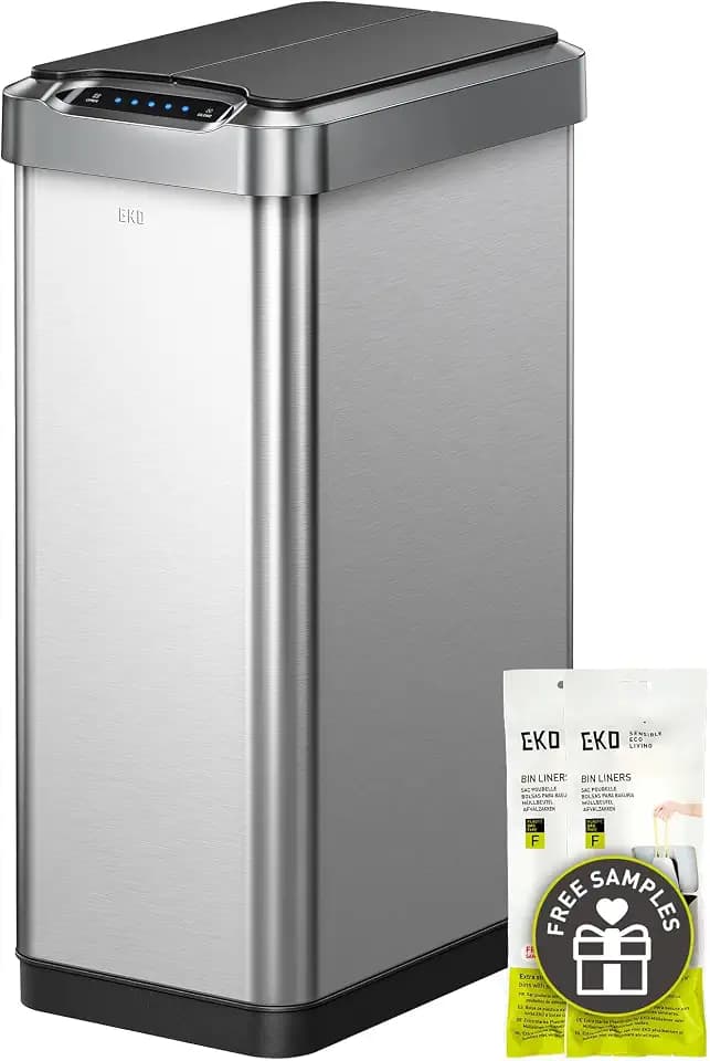 EKO Phantom-T 50 Liter / 13.2 Gallon Vertical Motion Sensor Trash Can or Recycling Bin, Brushed Stainless Steel Finish