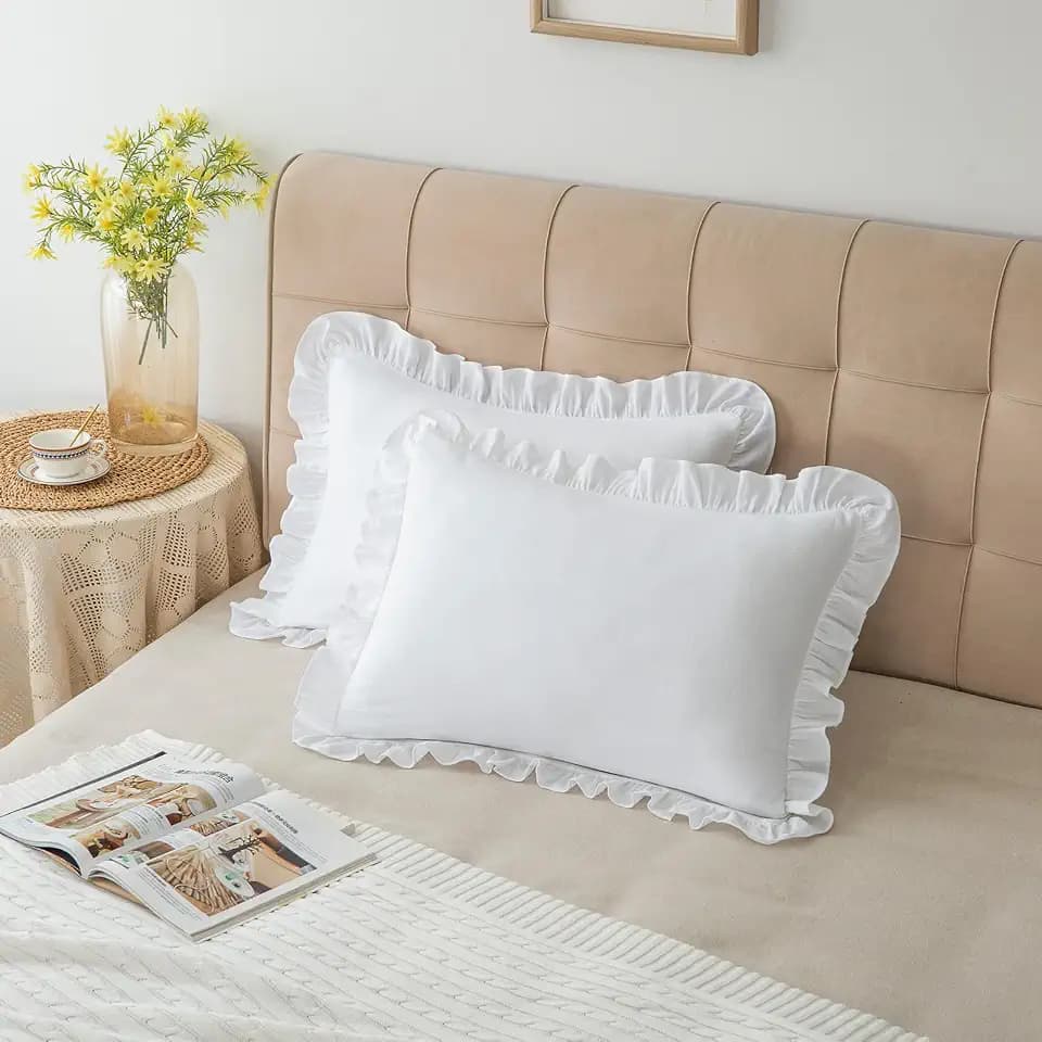 Pillow Shams Set of 2 Washed 100% Cotton Retro Ruffle Flounces Trim Solid Pillow Covers Washed Cotton Pillow Cases for Bedroom Decor Ivory King 20x36 Inches