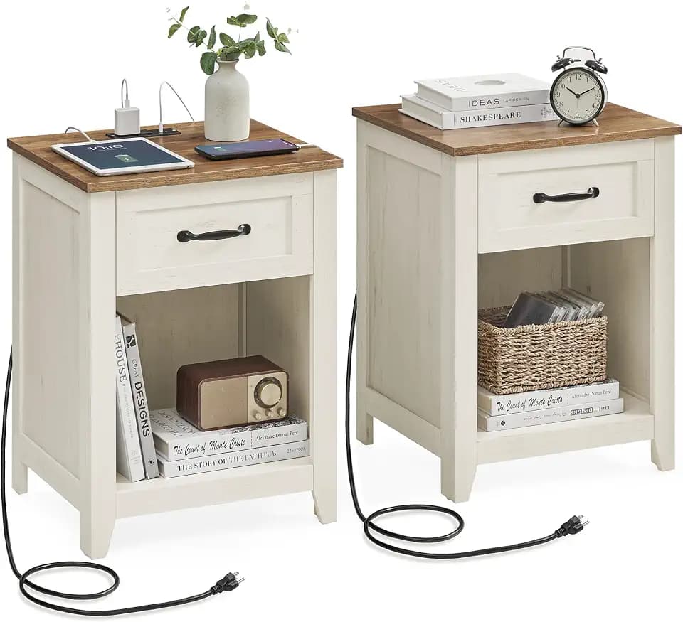 VASAGLE Farmhouse Nightstands with Charging Station, 1 Drawer, Set of 2