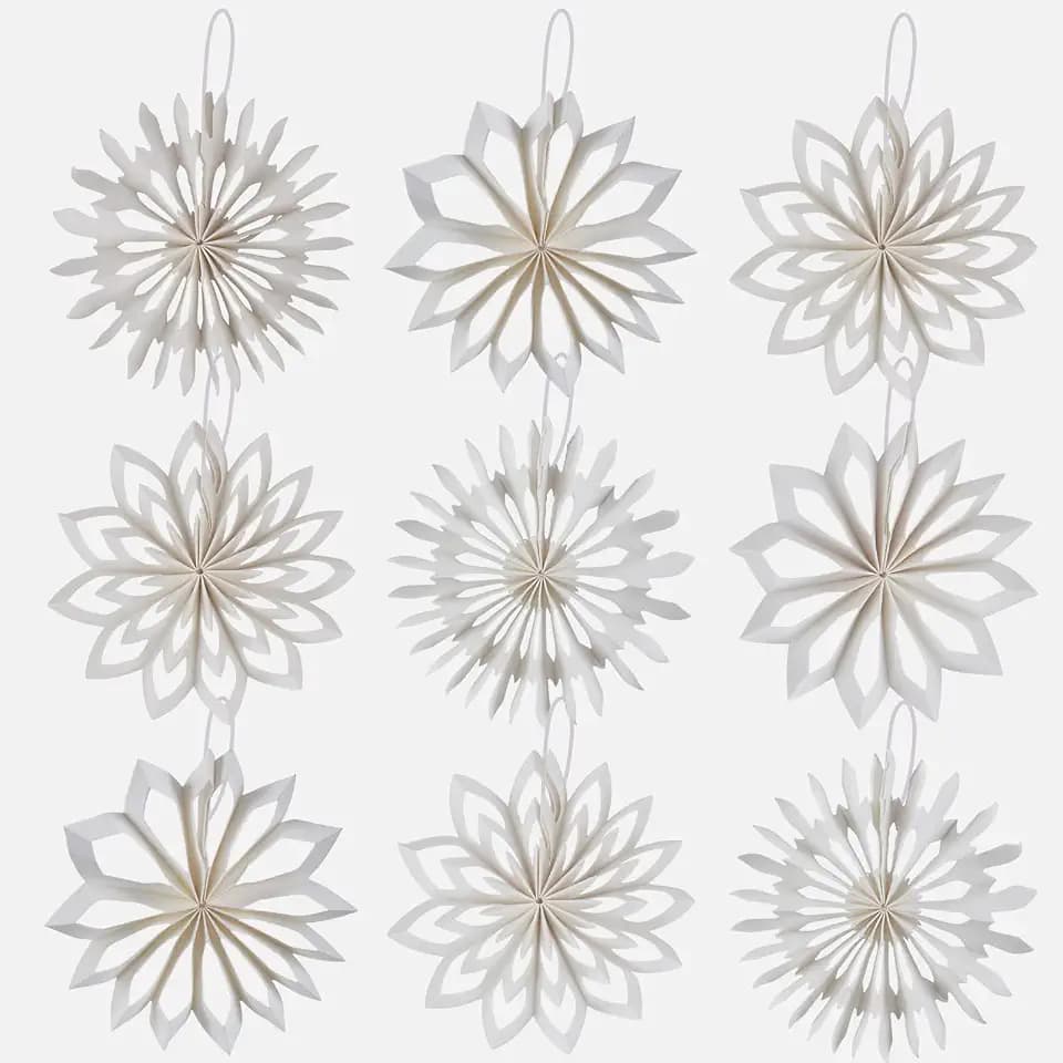 9PCS White Snowflakes Ornaments - Mini Christmas Paper Fans Decorations