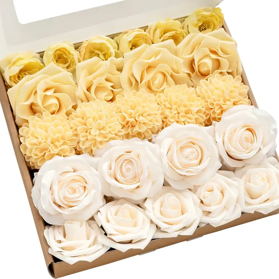 Ling's moment Artificial Flowers Fake Silk Roses Faux Foam Dahlia Yellow
