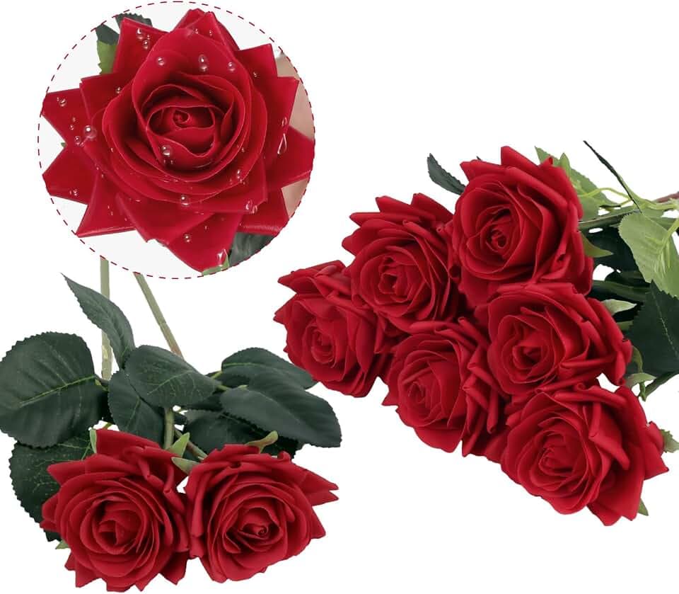 8PCS Red Roses Artificial Flowers Real Touch Flowers, Realistic Long Stem Fake Red Roses Bouquet for Wedding Valentines Day Decorations, Home Table Floral Centerpieces, Bridal Arrangement