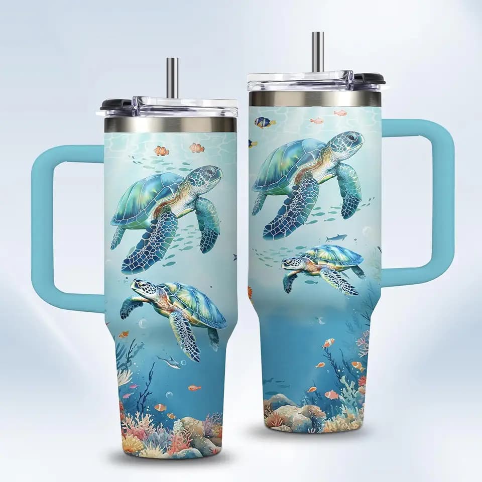 Sea Turtle Tumbler Gift for Women - 30oz Ocean Themed Stainless Steel Water Bottle with Turtle & Marine Life Designs, Insulated Travel Cup for Beach Lovers & Marine Conservation Supporters
