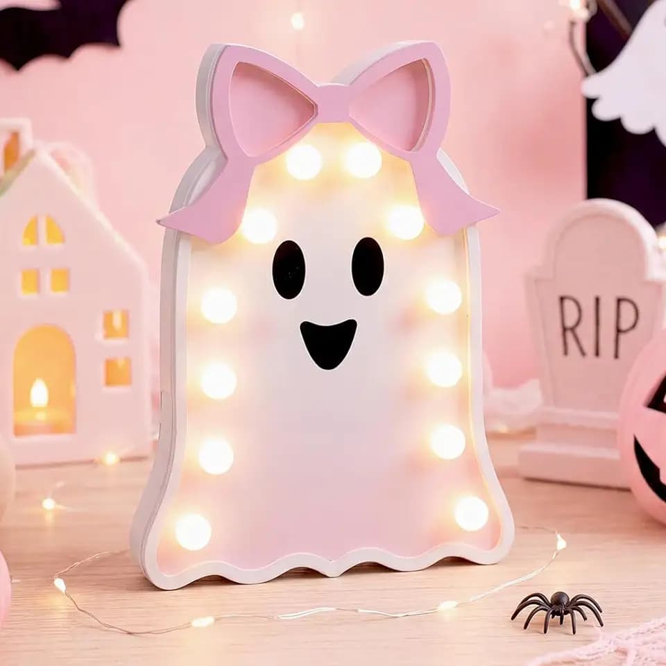 RattanView Pink Ghost Halloween Decor Light Up Wooden Ghost with Bow