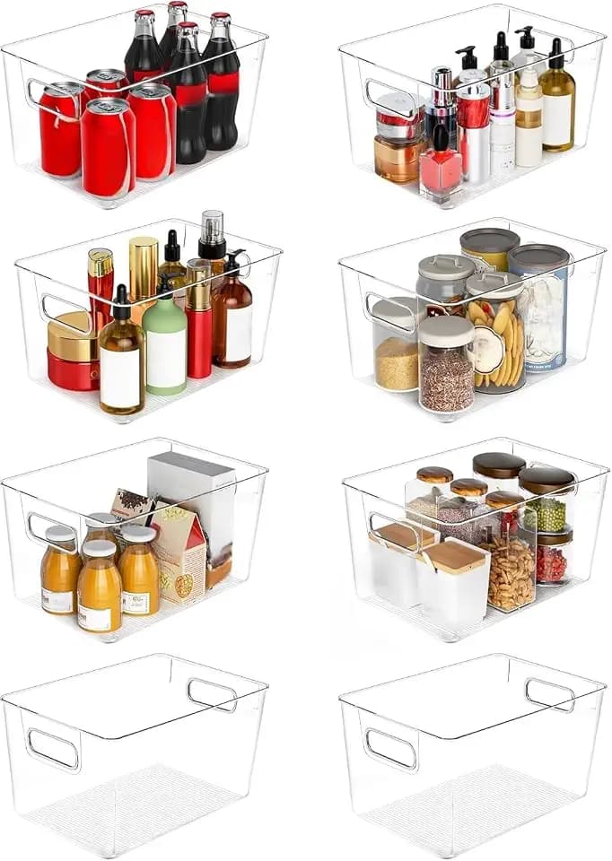 Clear Plastic Storage Bins 8 Pack - Pantry Organizers and Storage, Fridge Organizer for Kitchen, Cabinet, Freezer, Bathroom, Clost, Home Organization