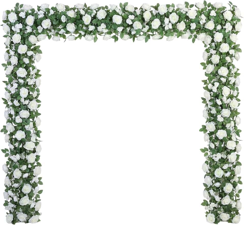 Suncalla 8 Pack 6.56ft Artificial Rose Flower Garland Silk Flocked White Rose Garland Faux Eucalyptus Peony Flower Vine for Wedding Party Table Centerpiece Arch Background Decoration(Eucalyptus)