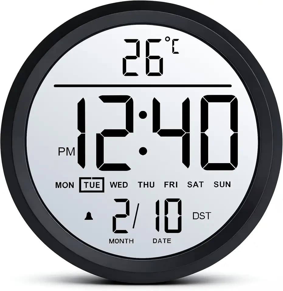 8" Round LCD Digital Wall Clock Battery Operated with Temperature and Date, Big Numbers Display, Auto DST and Alarm, for Office, Classroom, Bedroom, Living Room, Kitchen