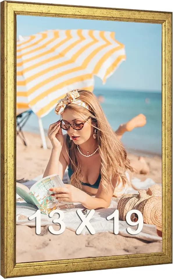 Wood 13x19 Frame Gold, Ornate Natural 19x13in Poster Picture Frame, Modern Golden 13 x 19inch Gallery Wall Photo Frame with HD Plexiglass, Horizontal Vertical Wall Mounting Display 1pcs