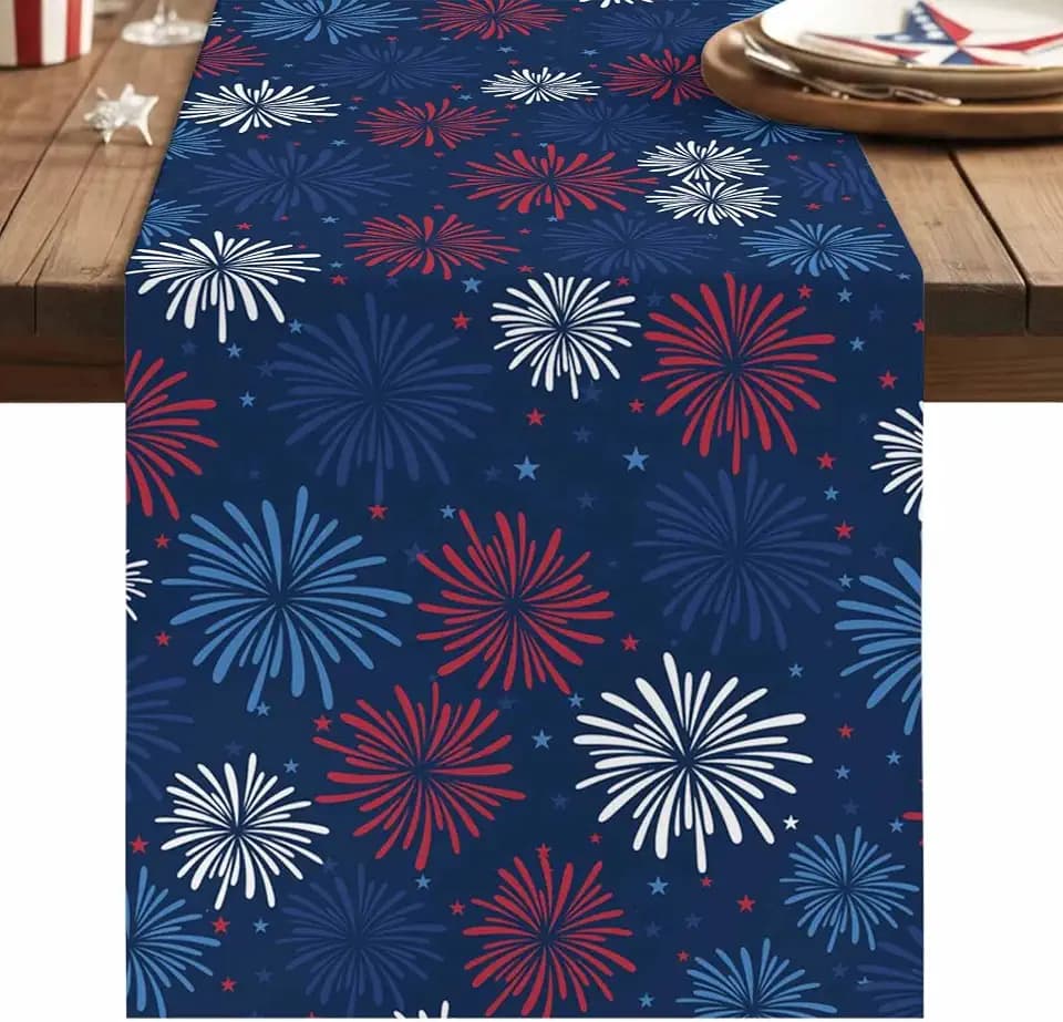 July 4th Table Runner Cotton Linen Fireworks Celebration Patriotic Americana Stars Party Holiday Tablecloth Decorations for Kitchen ,Home ,Dining,Outdoor,Small 13X36 Inches Long Red, White and Blue