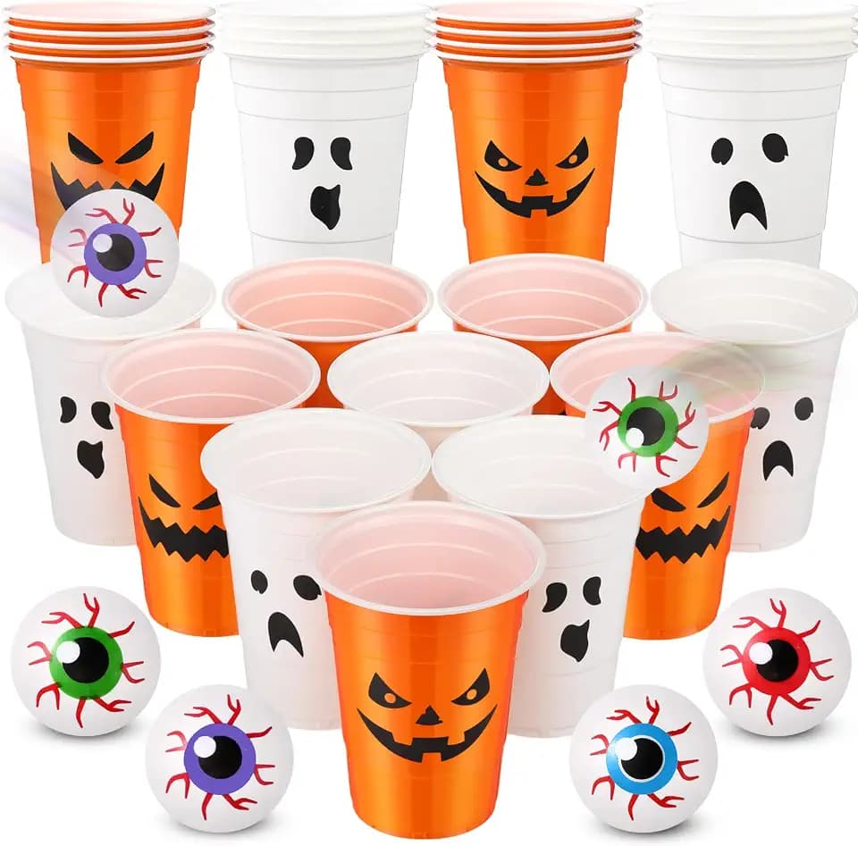 Seenelling Halloween Party Supplies Includes 22 Pcs Beer Cups with Halloween Designs and 8 Pcs 1.5in Fake Eye Balls for Outdoor Nighttime Competitive