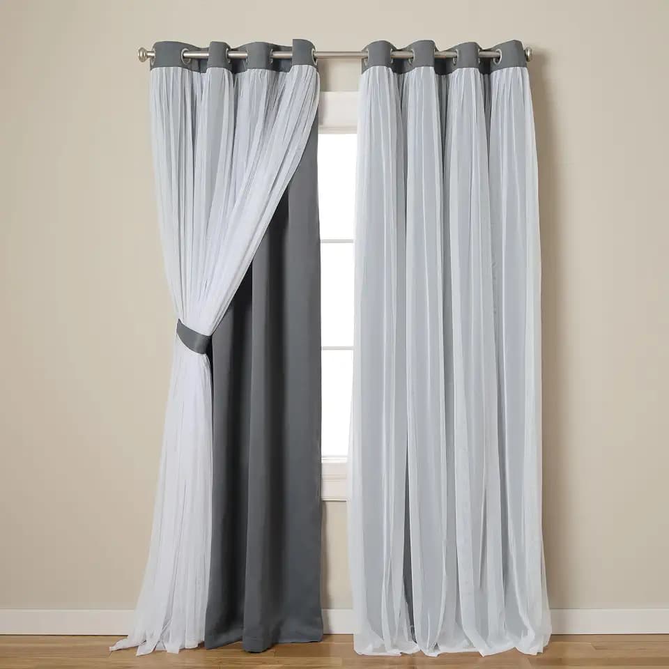 TOWN & COUNTRY LUXE Talia Double Layer Indoor Curtains, Sheer and Room Darkening Blackout, Grommet Top, Energy Efficient, 2-Pack Set, 52"x96", Black Pearl